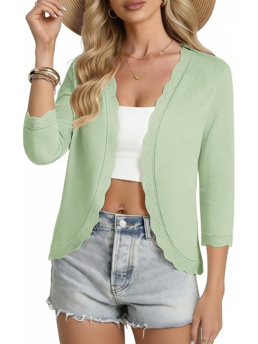🆕Women's Light Green Lightweight 3/4 Sleeve Cropped Cardigan Scalloped Shrug